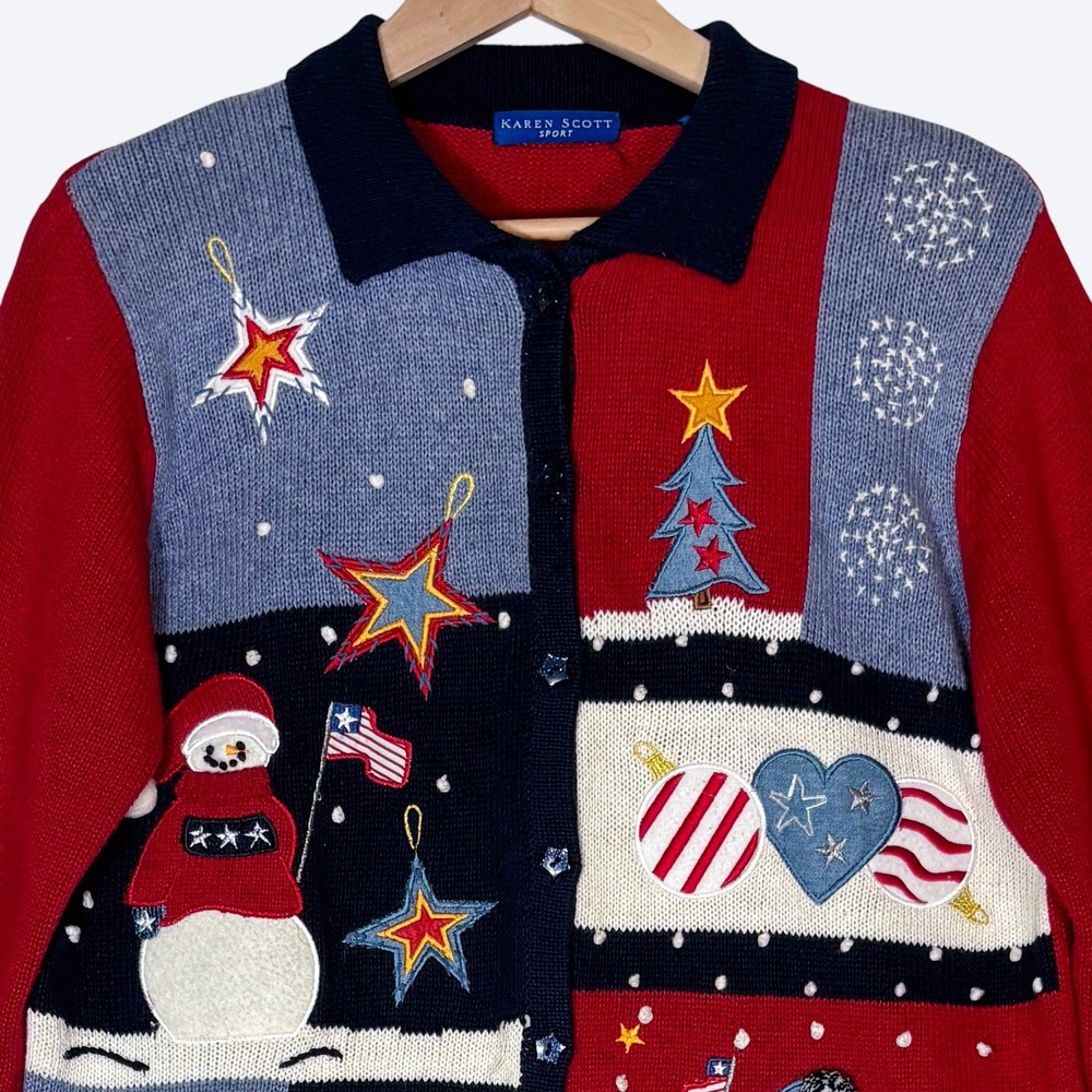 VTG Patchwork Christmas Cardigan‎ Sweater Womens M Snow Star Buttons Karen Scott